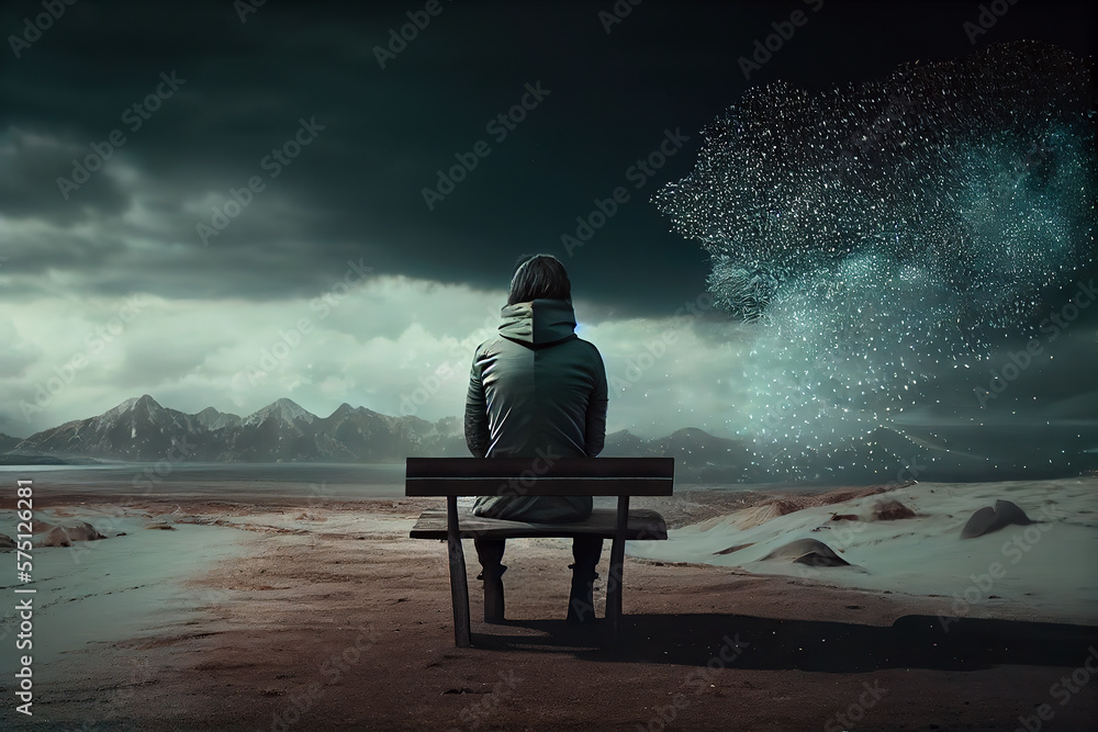 a unhappy person sitting alone on the bank and looking at the mountains,  Depression concept, Generative AI illustration