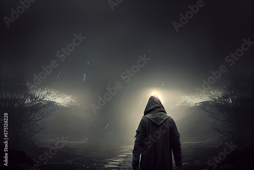 person standing in the foggy and dark forest, Generative AI illustration