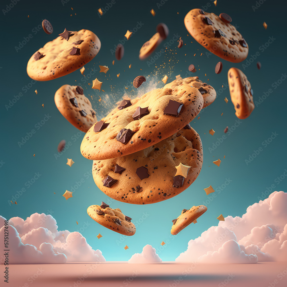 Chocolate chip cookies falling. Cloudy sky and chocolate drops cookie. Chocolate chip cookies flying on a pastel background. 3d render illustration. Generative AI art. - obrazy, fototapety, plakaty 