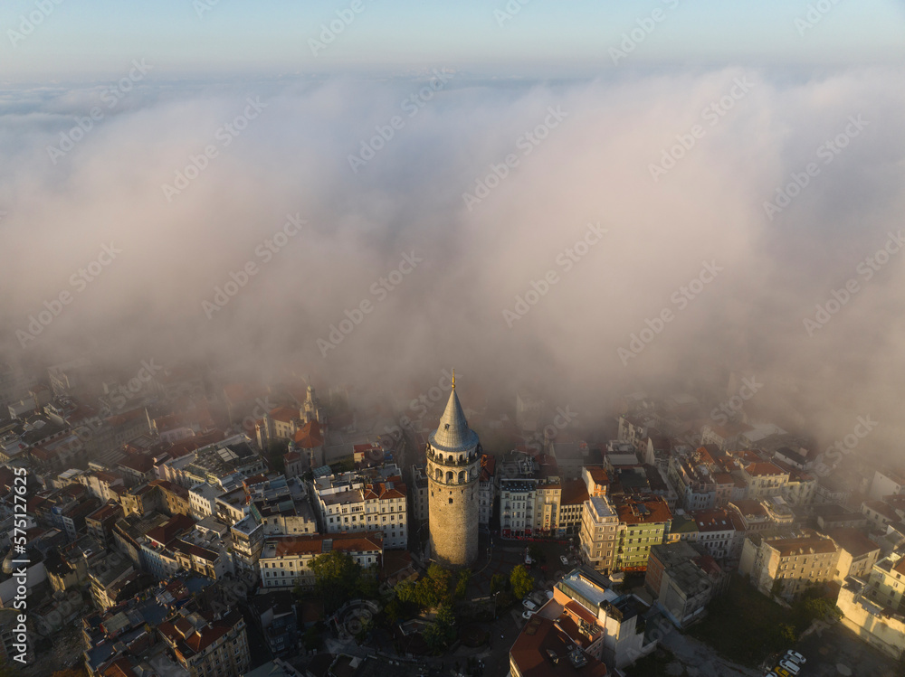 Foggy Galata Tower Drone Video, Galata Beyoglu, Istanbul Turkiye