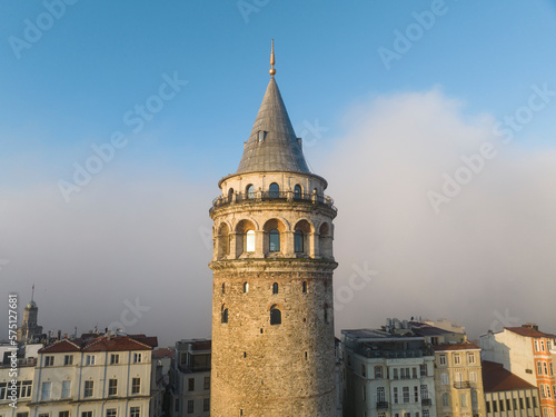 Foggy Galata Tower Drone Video, Galata Beyoglu, Istanbul Turkiye