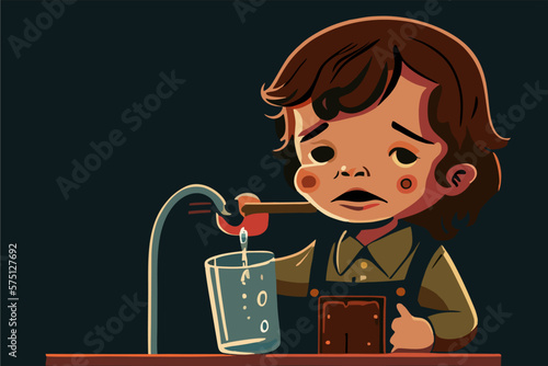 A boy with a sad face with a glass wants to drink water, flat vector