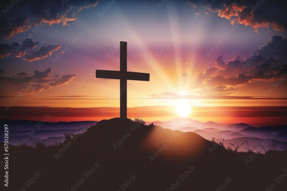 Silhouette cross of Jesus Christ on sunrise background