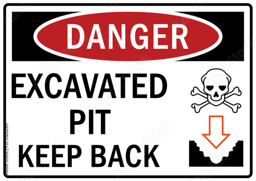 Open pit hazard sign and labels excavated pit, keep back