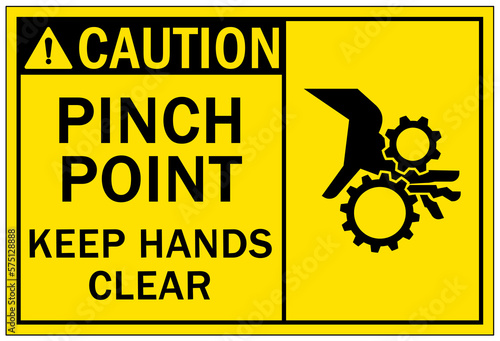 Pinch point hazard sign and labels keep hand clear