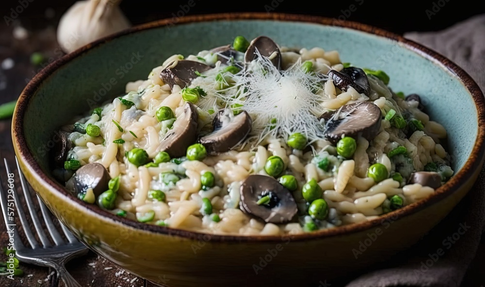  a bowl of pasta with peas, mushrooms and parmesan cheese.  generative ai