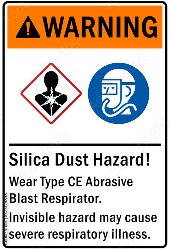 Silica dust hazard sign and labels wear type CE abrasive blast respirator