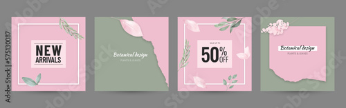 Floral layouts for social media post, web banner, shopping ads. Beauty, cosmetics, wedding concept.