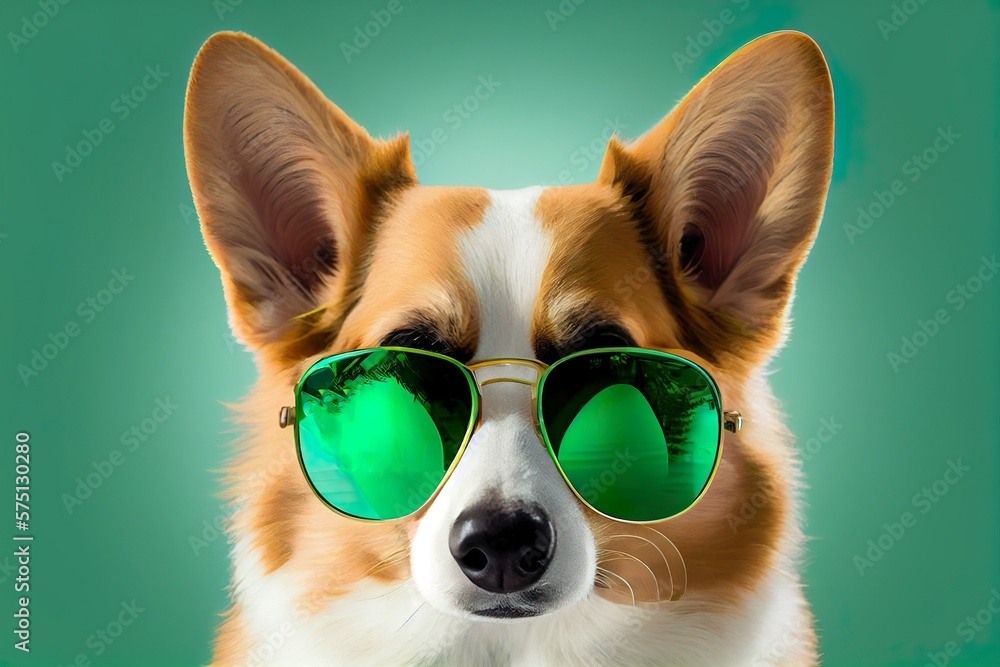 Cute corgi dog in green sun glasses looking seriously. Ginger doggy puppy in cool sunglasses for St Patrick day. Generative AI Stock Illustration Adobe Stock