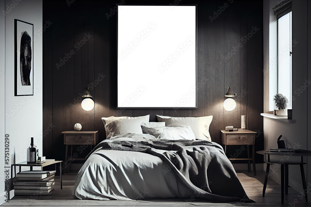 Interior picture, poster mockup in modern bedroom in loft style