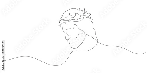 Continuous one line drawing of Jesus Christ with crown of thorns. Linear background.