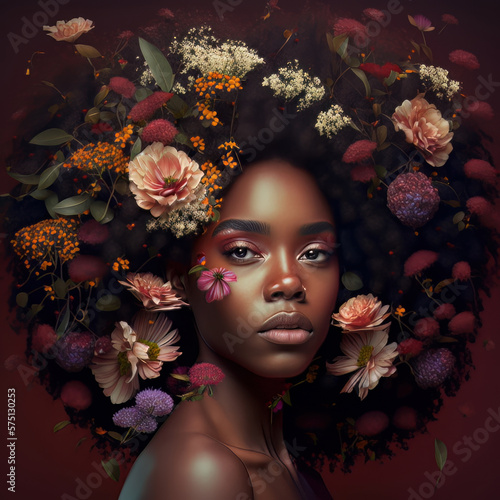 Portrait of black woman with flowered afro hair. Generative Ai