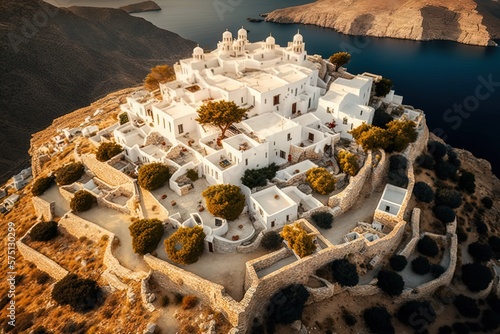 Photograph taken from above the Greek hamlet of Chora on the island of Amorgos in the Cyclades and the Aegean Sea Generative AI