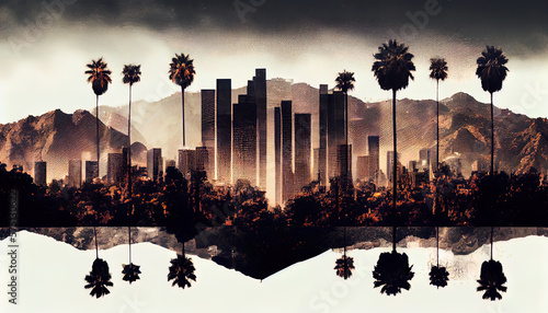 double exposure of  Los Angeles city skyline, landscape, and landmarks  ai generated 
