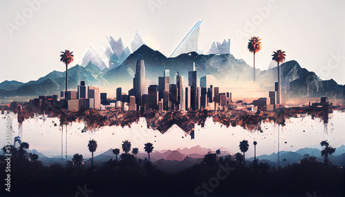 double exposure of  Los Angeles city skyline, landscape, and landmarks  ai generated  photo