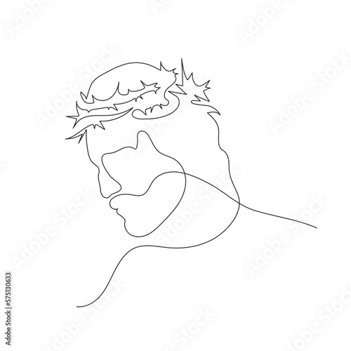 Continuous one line drawing of Jesus Christ with crown of thorns. Linear background.