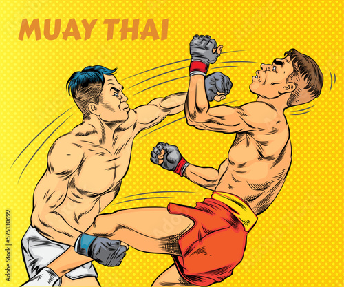 Muay Thai, Thai boxing, martial arts. Vector illustration. Pop art retro comic.	