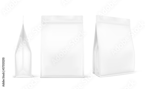 Stand-up pouch bag with flat bottom side gusseted and zipper. Realistic mockup. Front, side and half side view. Perfect for the presentation your product. EPS10.
