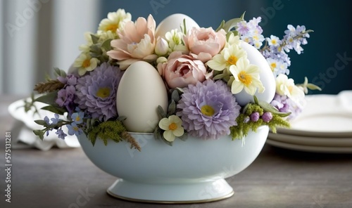  a bowl of flowers and an egg on a table with plates. generative ai