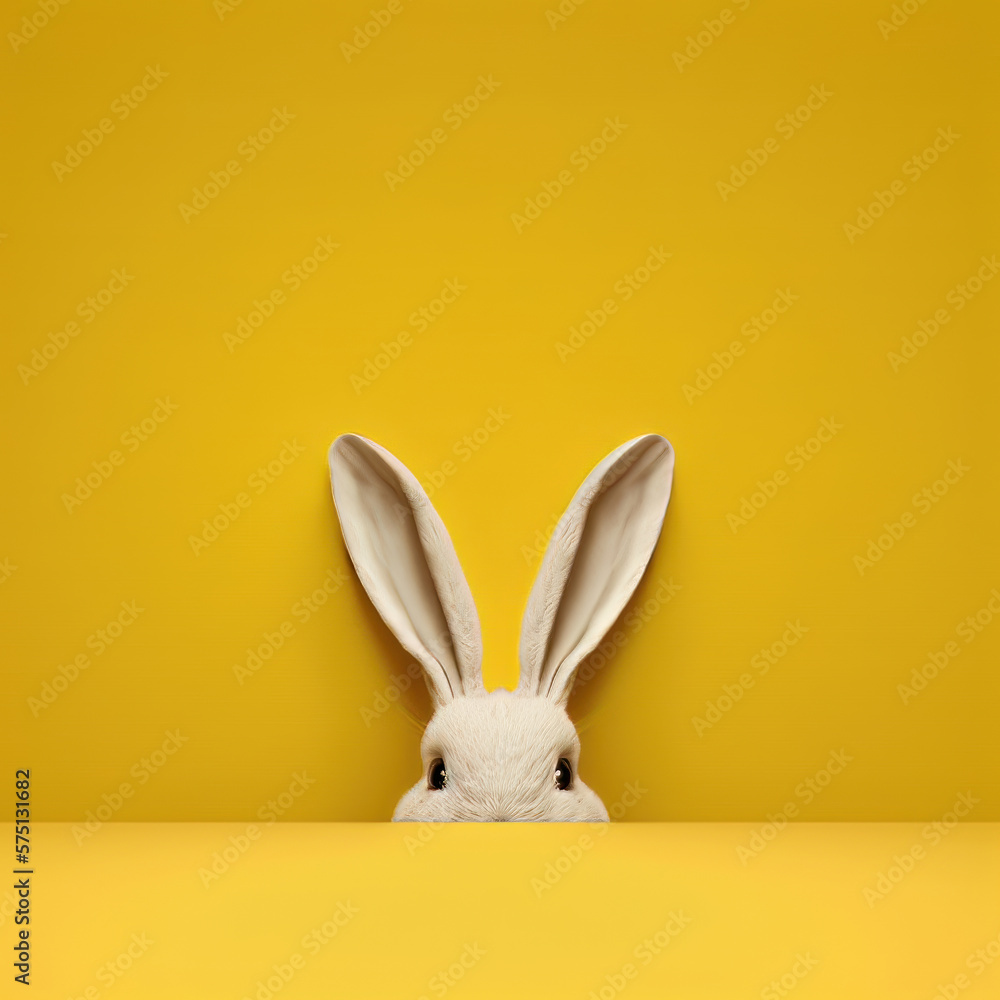 Bunny peeking on yellow background with copy space