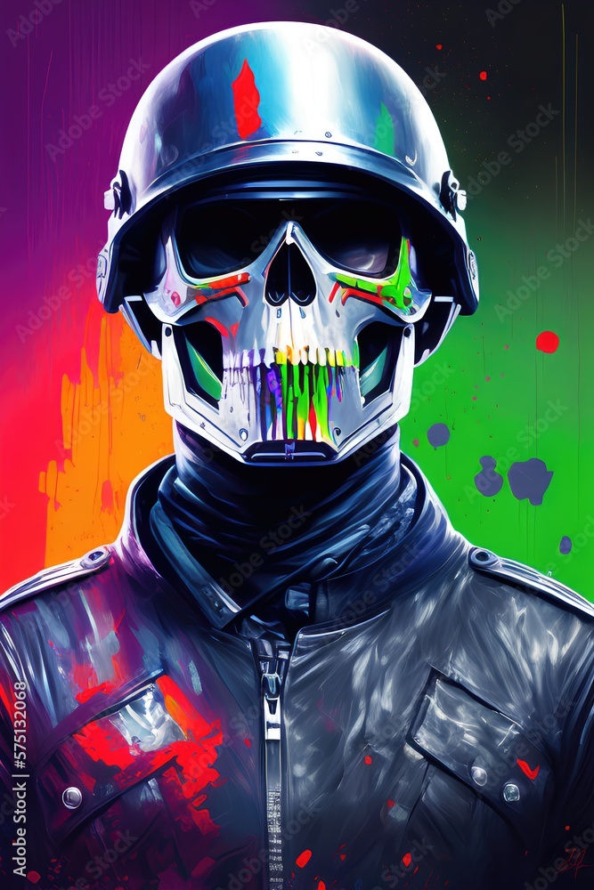 Ghost soldier with skull mask and helmet splattered by colorful paint, Generative AI