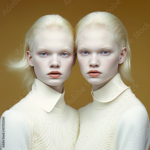Portrait of two albino twin sisters. Generative Ai