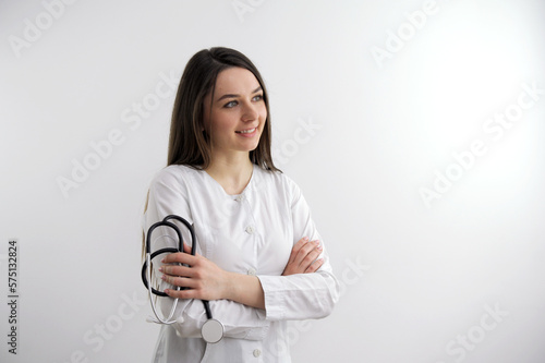 Healthcare and medical concept. Medicine doctor with stethoscope in hand and Patients come to the hospital background. High quality photo