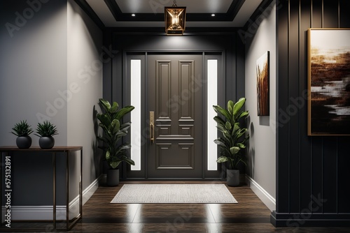 Entrance and Hallway interior with stylish furniture and accessories Interior Design 3d Illustration Created by Generative AI © poker
