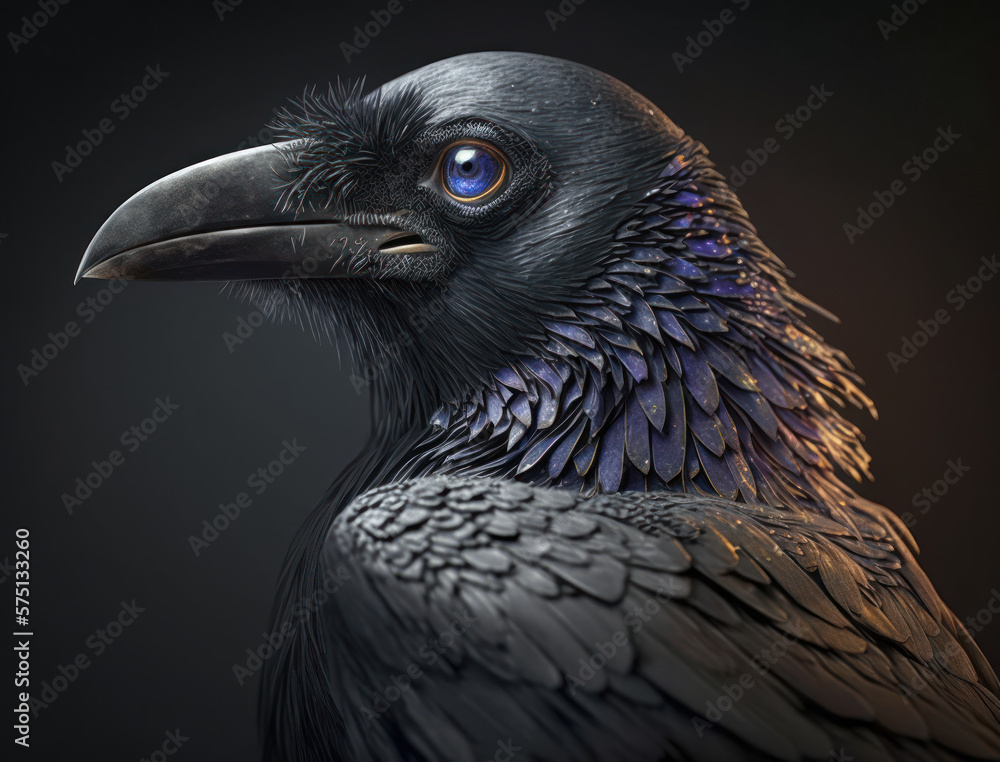Fototapeta premium Colorful Close-up portrait of evil raven crow Halloween background Generative AI technology