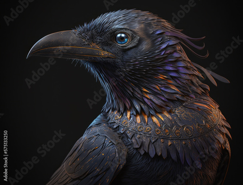 Colorful Close-up portrait of evil raven crow with oriental ornament elements Halloween background Generative AI technology