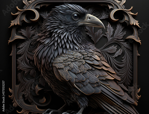 Colorful Close-up portrait of evil raven crow in a wooden carved frame Halloween background Generative AI technology