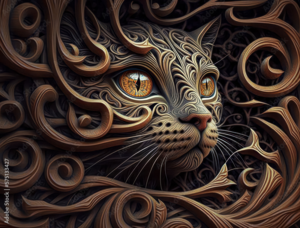 Colorful Close-up portrait of wolf with oriental ornament woodcarving elements background Generative AI technology