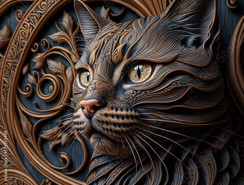 Colorful Close-up portrait of wolf with oriental ornament woodcarving elements background Generative AI technology photo