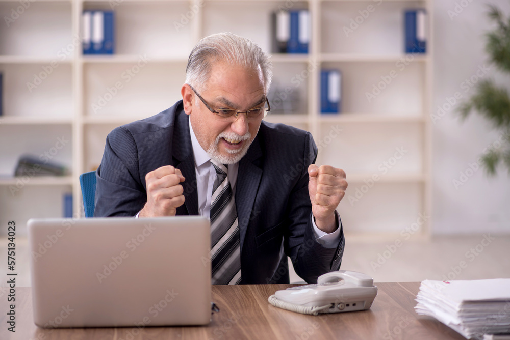 Old male employee working in the office Old male employee working in the office