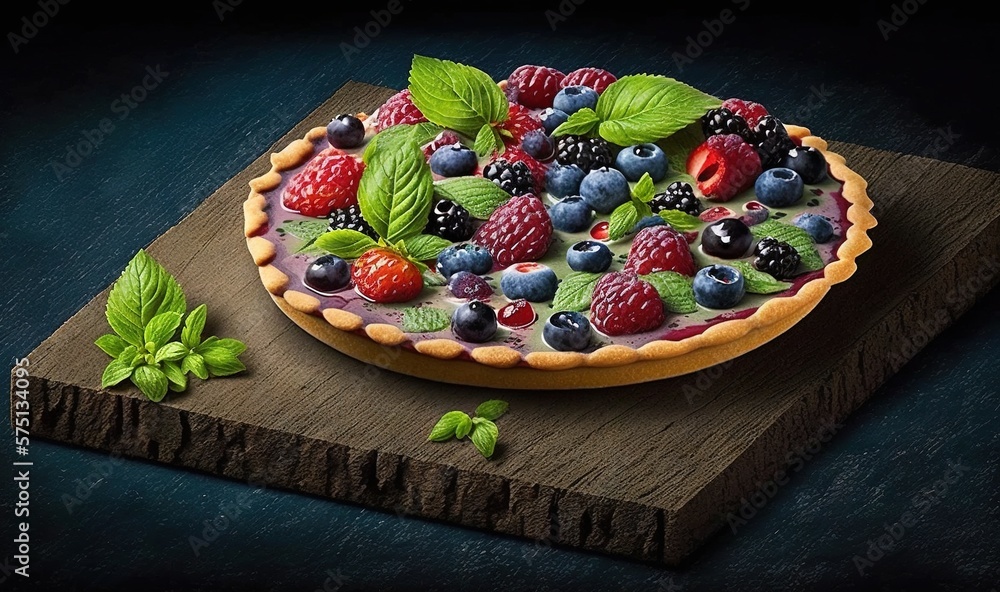  a pie with berries and mint leaves on a cutting board.  generative ai