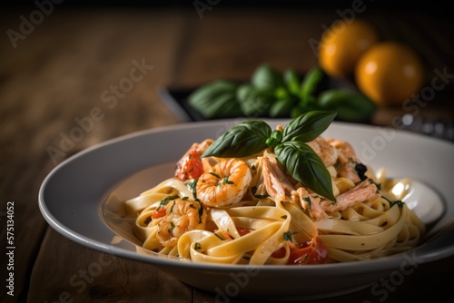 Italian pasta with shrimps and basil Generative AI