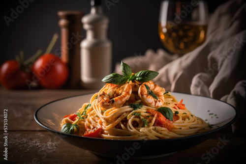Italian pasta with shrimps and basil Generative AI