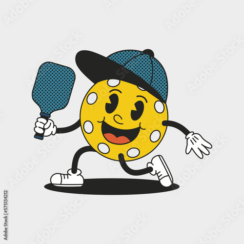 Pickleball ball mascot in cap with racket. Funny cartoon character. Trendy isolated vector illustration.