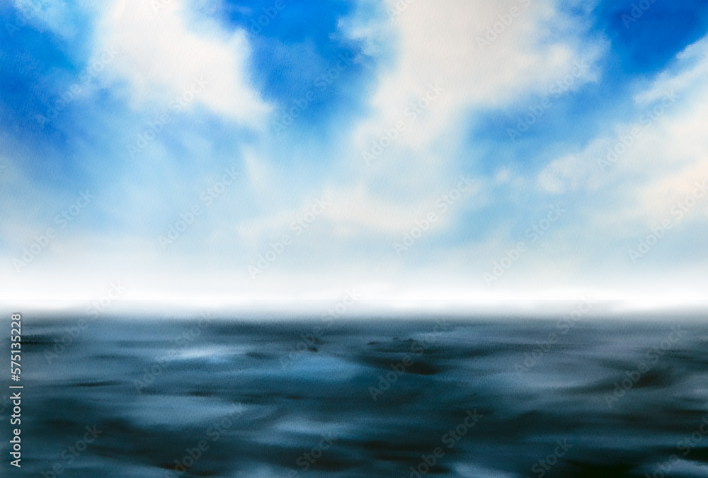 watercolor illustration of north sea landscape, blue sky,