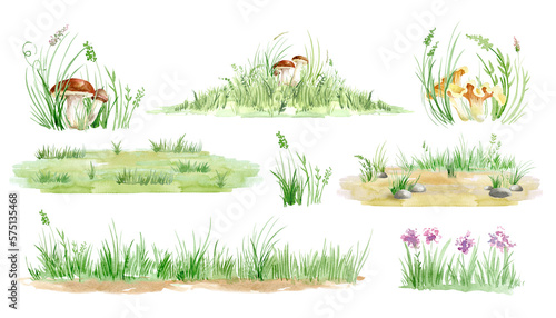 Watercolor background of green grass, spring meadow, wild flowers, seamless border of green grass, leaves, wildflowers. Landscape spring green. PNG files