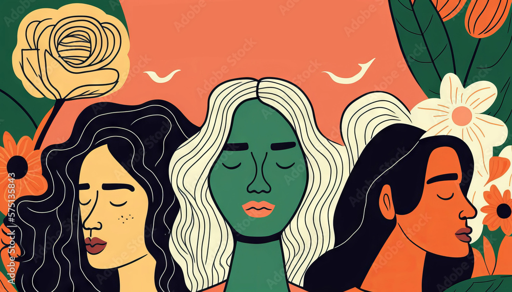 Group of women from different ethnicities illustration, international woman's day, 8 march, Global sisterhood and Power of women, Multicultural