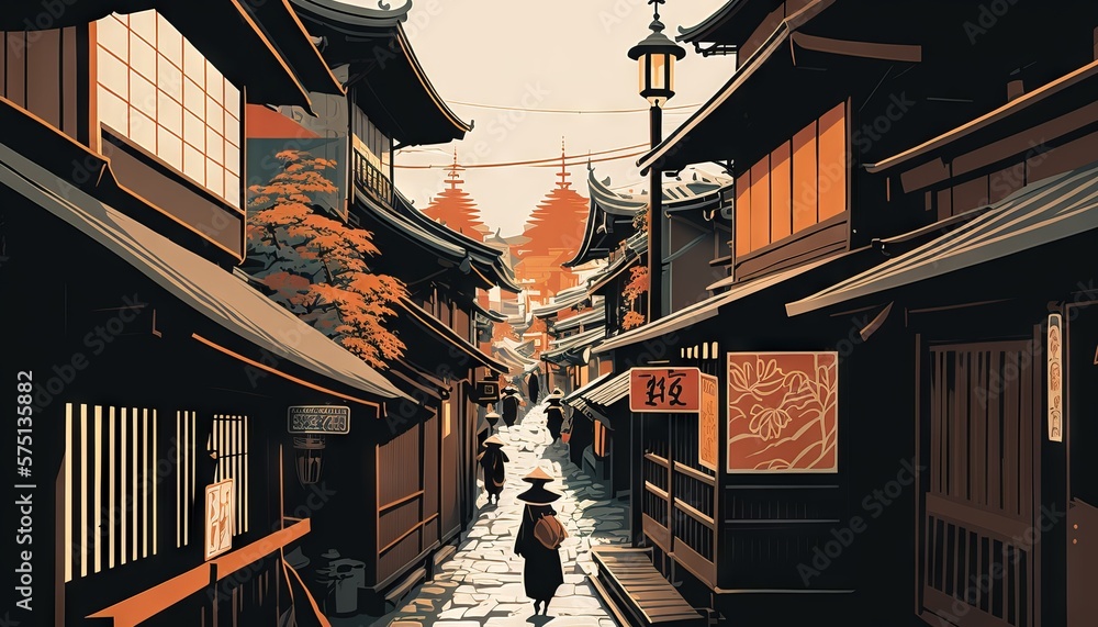 Fototapeta premium Kyoto from japan illustration Abstract colorful Background Landscape of mountains, Sakura trees, illustration, gradient colors, dreamy background, Japanese buildings silhouette foreground.