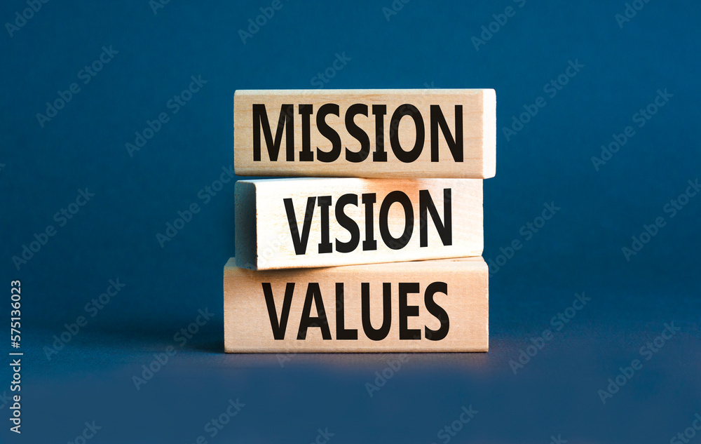 Mission vision values symbol. Concept words Mission Vision Values on wooden blocks on a beautiful grey table grey background. Business mission vision values concept. Copy space.