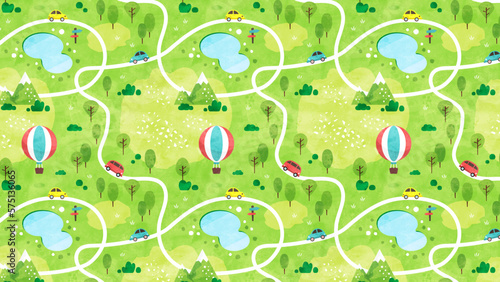 新緑の山道を走る車のパターン背景 シームレスな水彩風景イラスト