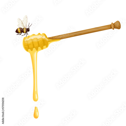 Spindle spoon with honey and bees.Cartoon vector graphic.
