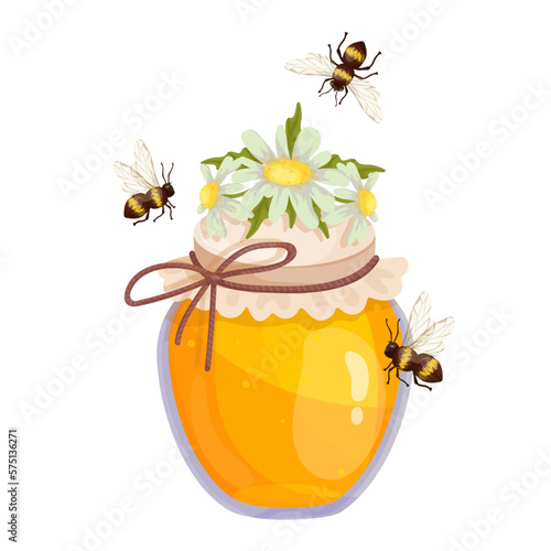 Jar of honey with honey bees and field chamomile flowers.Cartoon vector graphic.