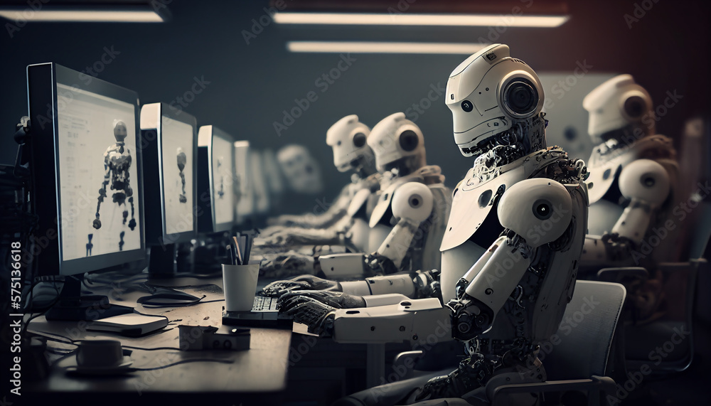 Robot at work, futuristic office with many humanoid robot at desktop, artificial intelligence. Generative AI illustration Robot at work, futuristic office with many humanoid robot at desktop, artificial intelligence. Generative AI illustration