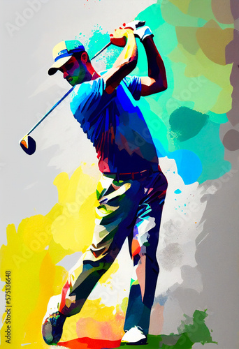 Golf sport player in action swing, watercolor painting style illustration, vertical tournament poster or card. Generative AI