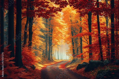 Autumn forest with colorful trees and road