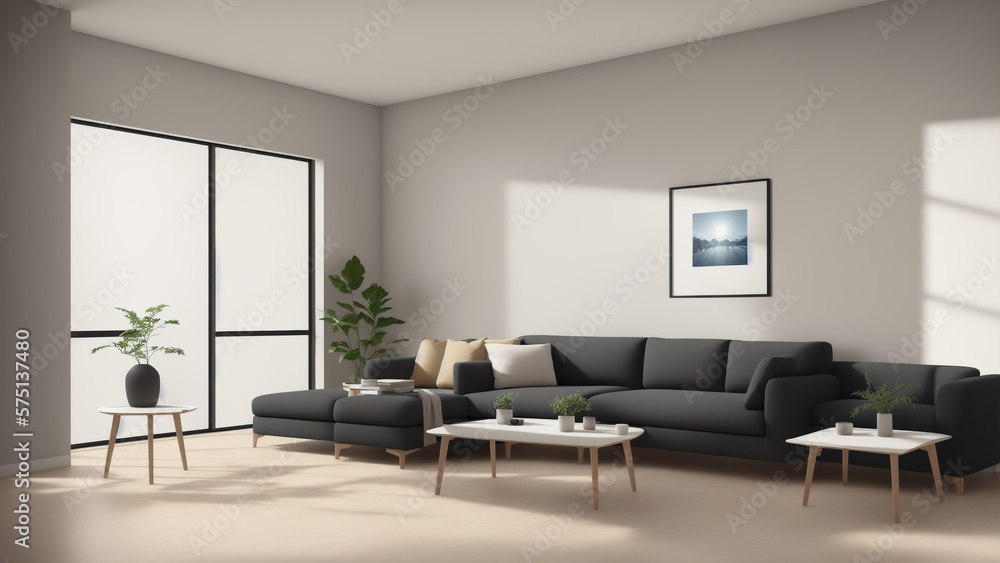 Fototapeta premium Decorated living room, 3d render illustration created with Generative AI technology